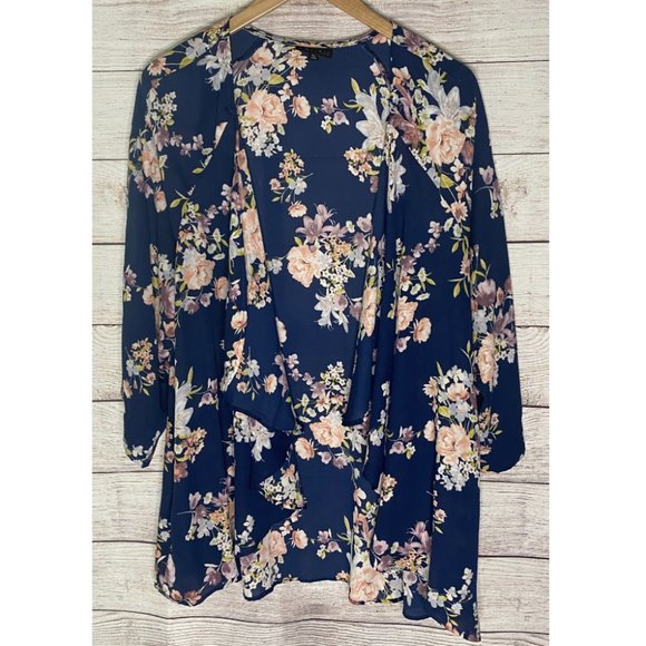 Cameo Appearance Sweaters - open-front Floral Three-Quarter Sleeve Kimono 2X navy blue and floral plus size